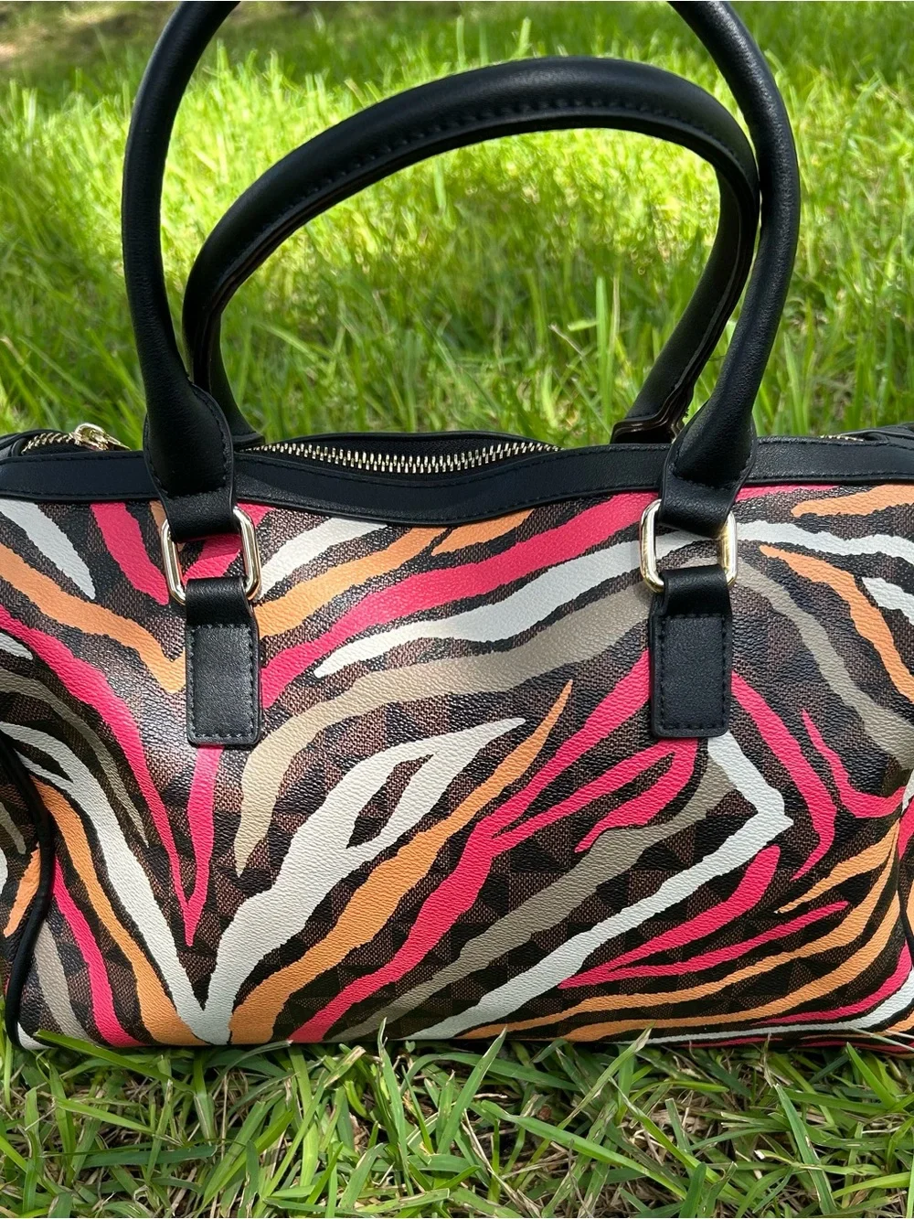 Black Handle Zebra-Print Satchel with Pink & Orange Accents